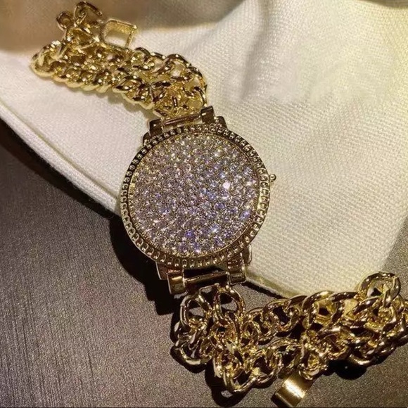 NEW 18K RHINESTONES DOUBLE WATCH CHAIN STRAP BRACELET - Picture 7 of 7